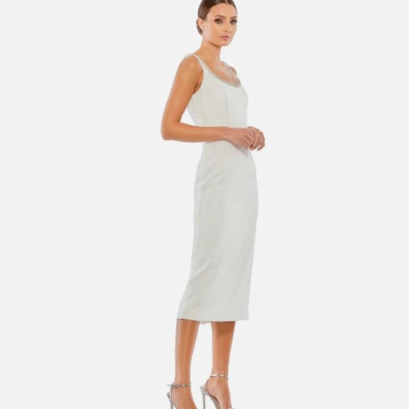 MAC DUGGAL 26681 JEWELED SCOOP NECK FITTED WHITE MIDI DRESS sz 8 - Picture 3 of 5